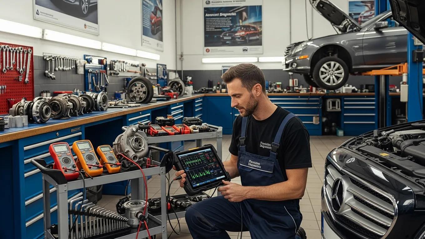 Mechanic performing diagnostic checks on a European vehicle, highlighting the benefits of diagnostic towing services
