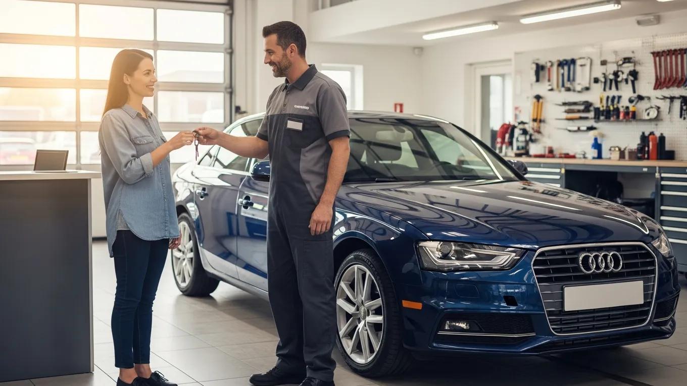 Satisfied customer receiving their European car after repair at an auto body shop