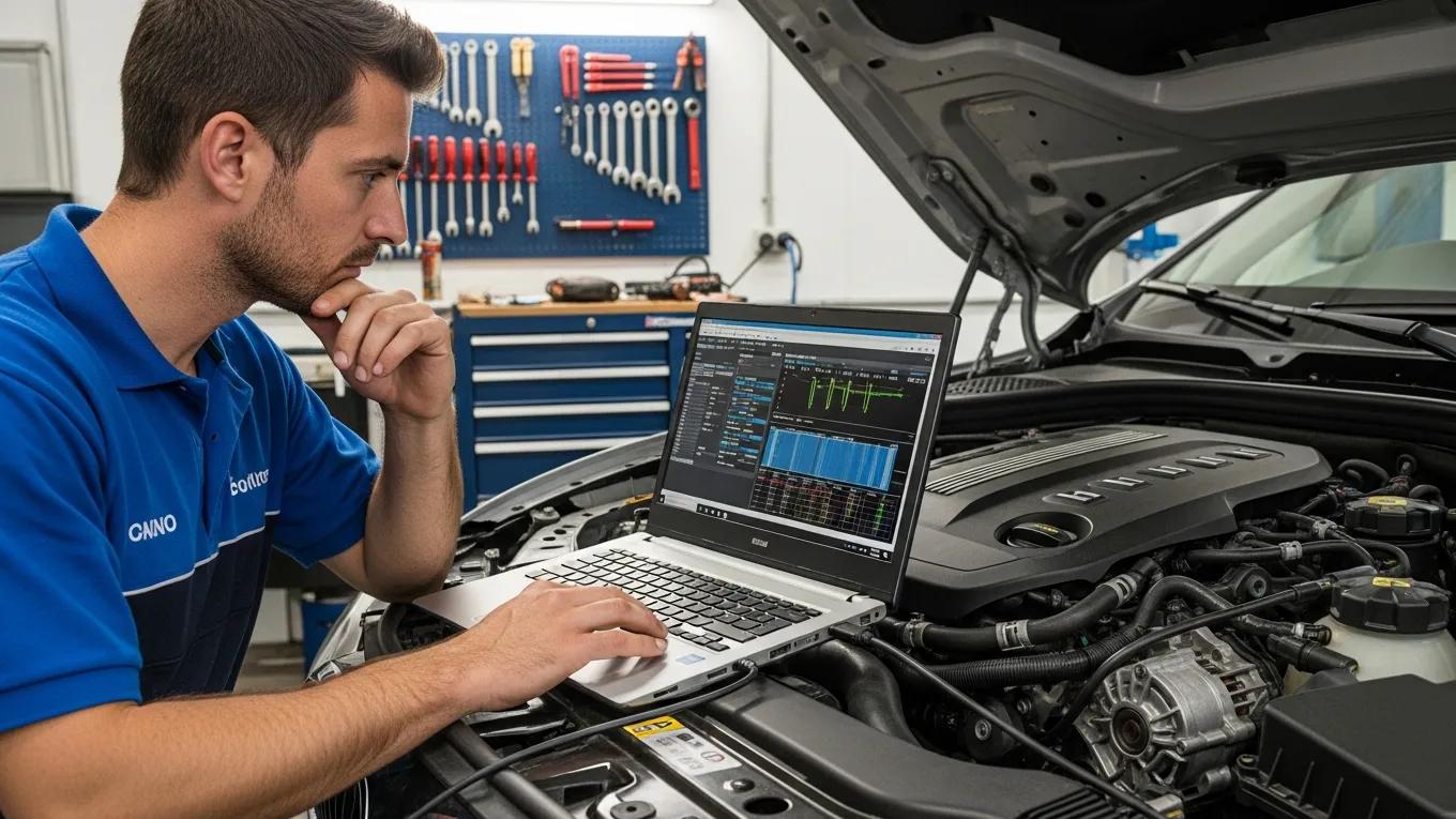 Technician analyzing engine performance diagnostics on a European car with a laptop