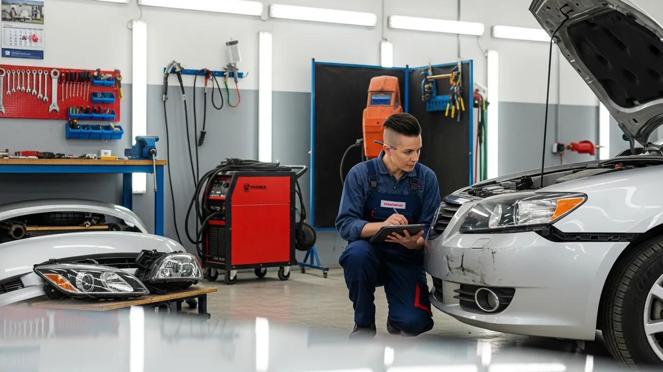 Technician assessing vehicle damage during the collision repair process