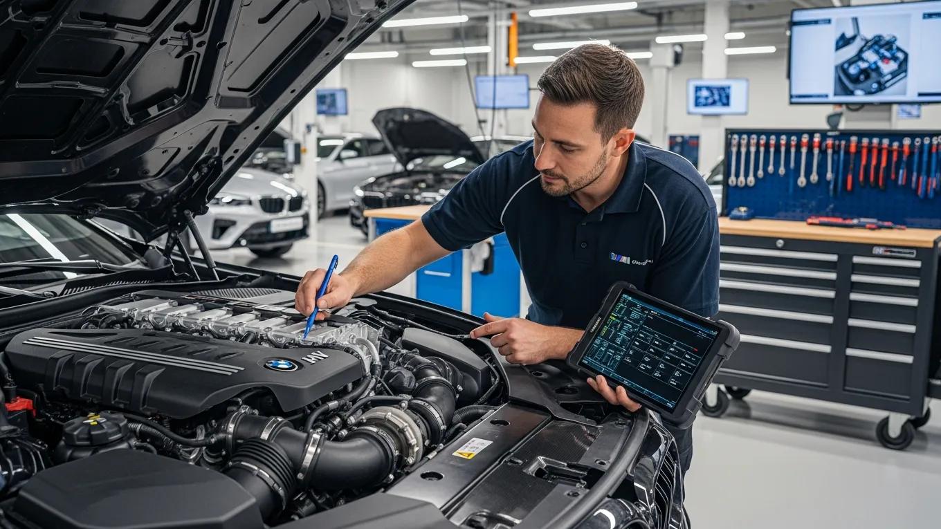 Technician inspecting a BMW engine during maintenance service
