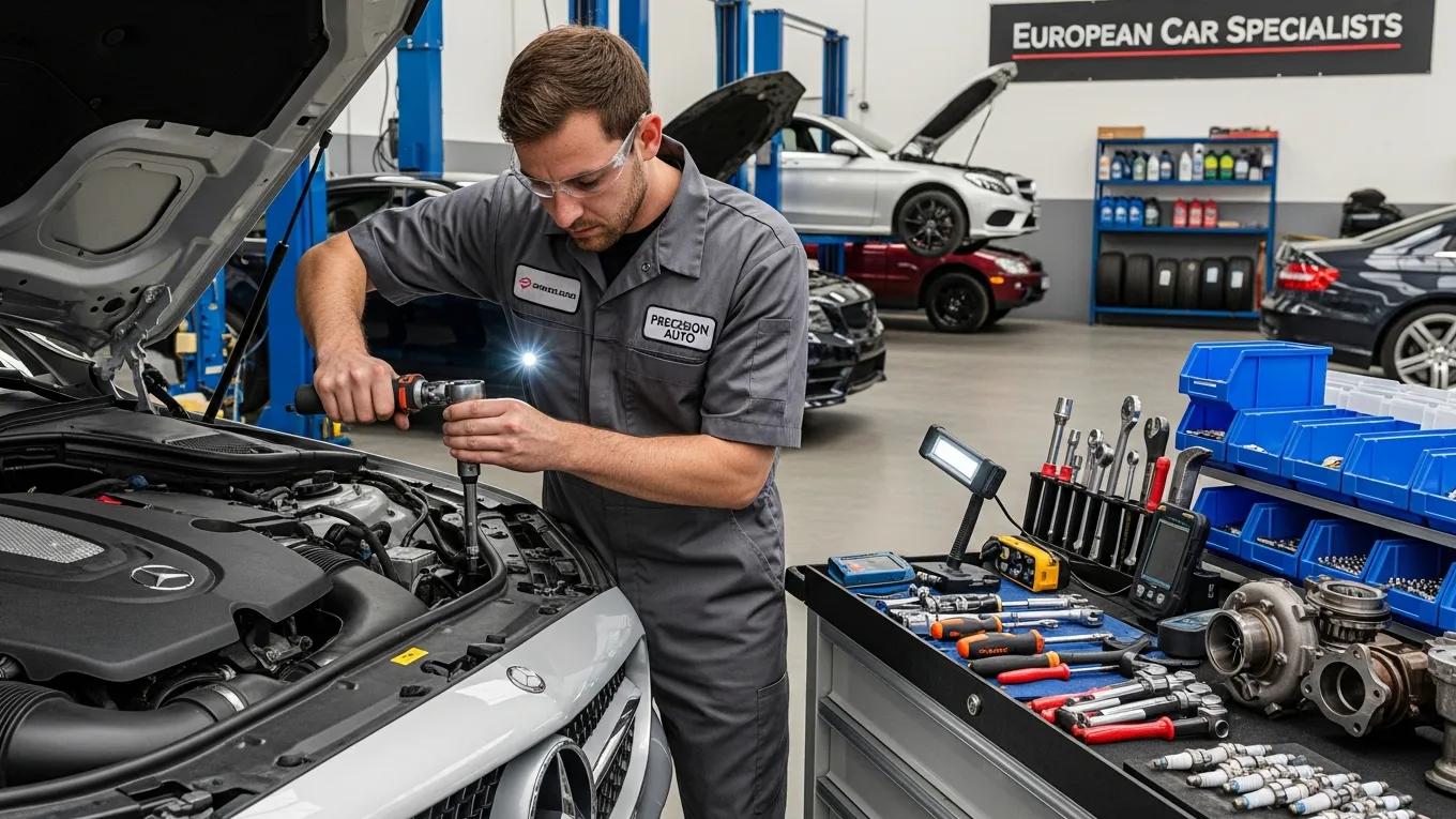 Technician performing mechanical repairs on a European car in a workshop