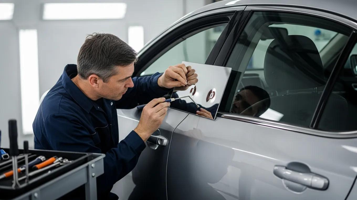 Technician performing paintless dent repair on a vehicle
