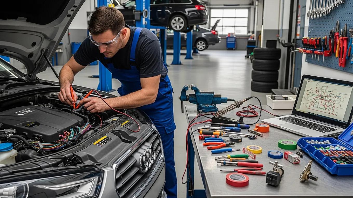 Technician repairing the electrical system of a European car with tools and components