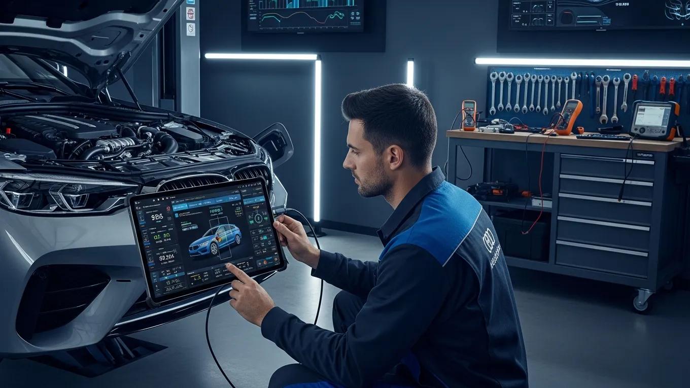 Technician using advanced diagnostic equipment on a European vehicle in a high-tech auto repair shop